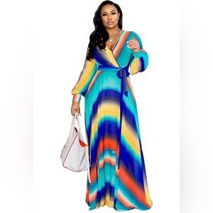 Plus Size Colorful V-Neck Long Sleeve Dress